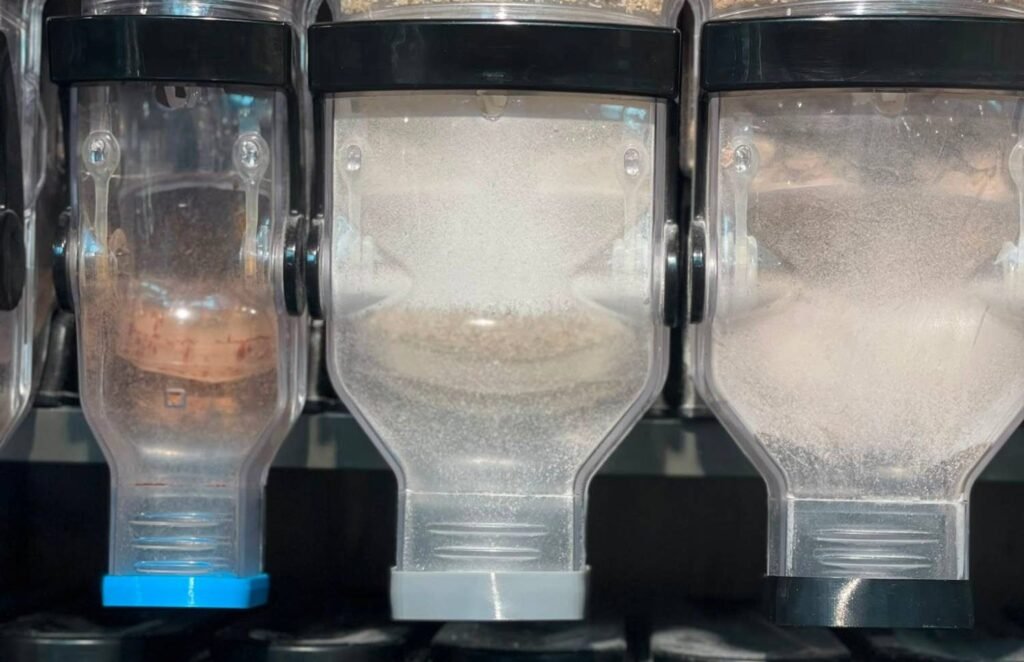 Trois silos vrac équipés de bouchons bleu, gris et noir imprimés en 3D
